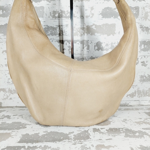 Boutique Cream Tan Leather Zip Closure Shoulder Bag 0792 - Picture 2 of 11
